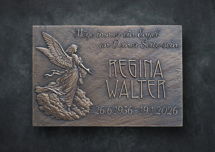 Grabtafel aus Bronze mit Engel